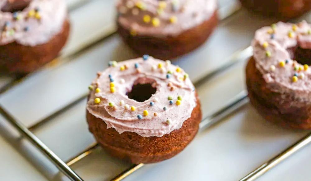 Mini Chocolate Reishi Donuts with Vanilla-Beet Frosting by VitaCost